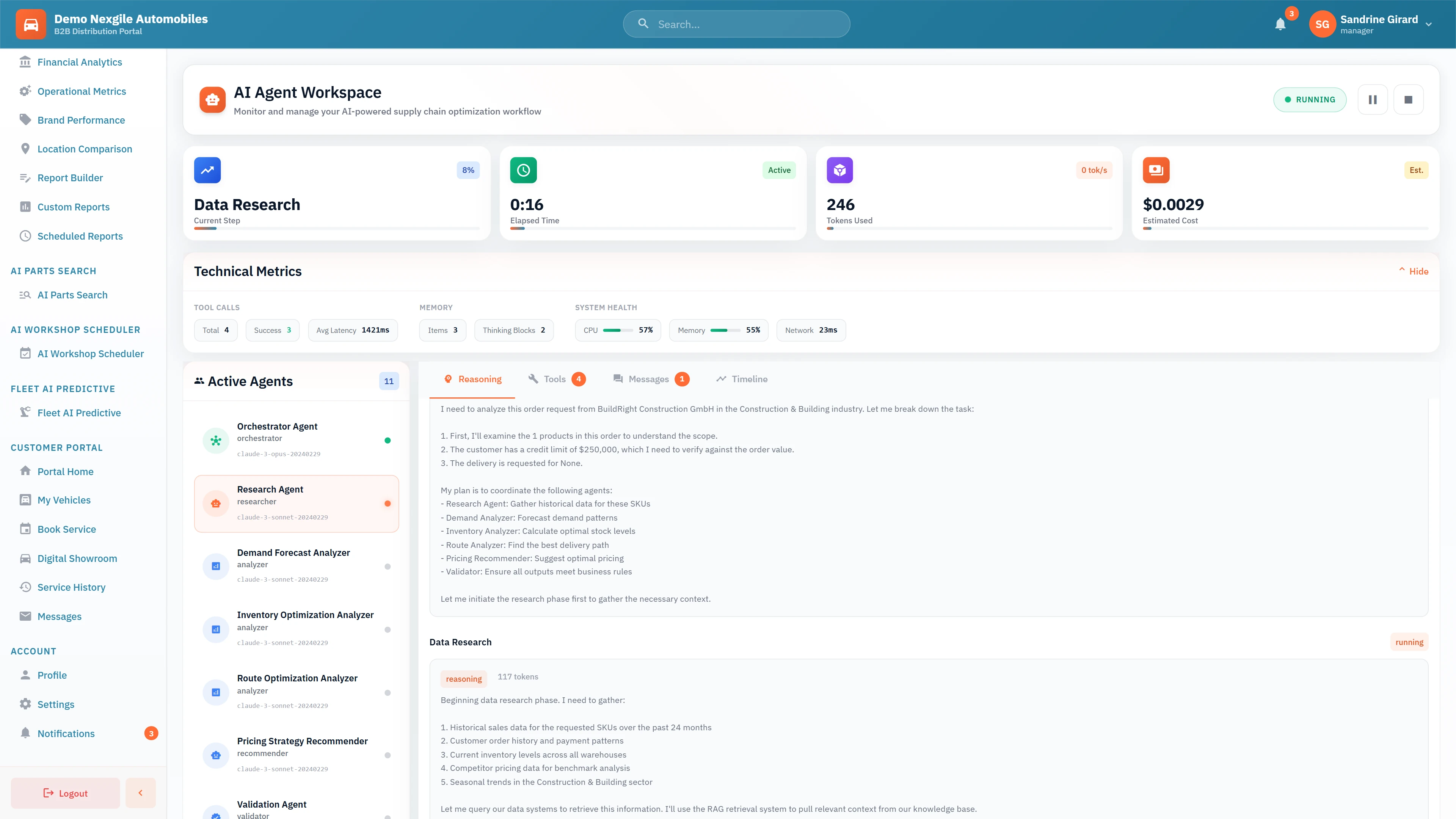 AI Agent Workspace - Real-time monitoring of 11 active agents during data research phase with technical metrics, reasoning panel, and tool invocation tracking